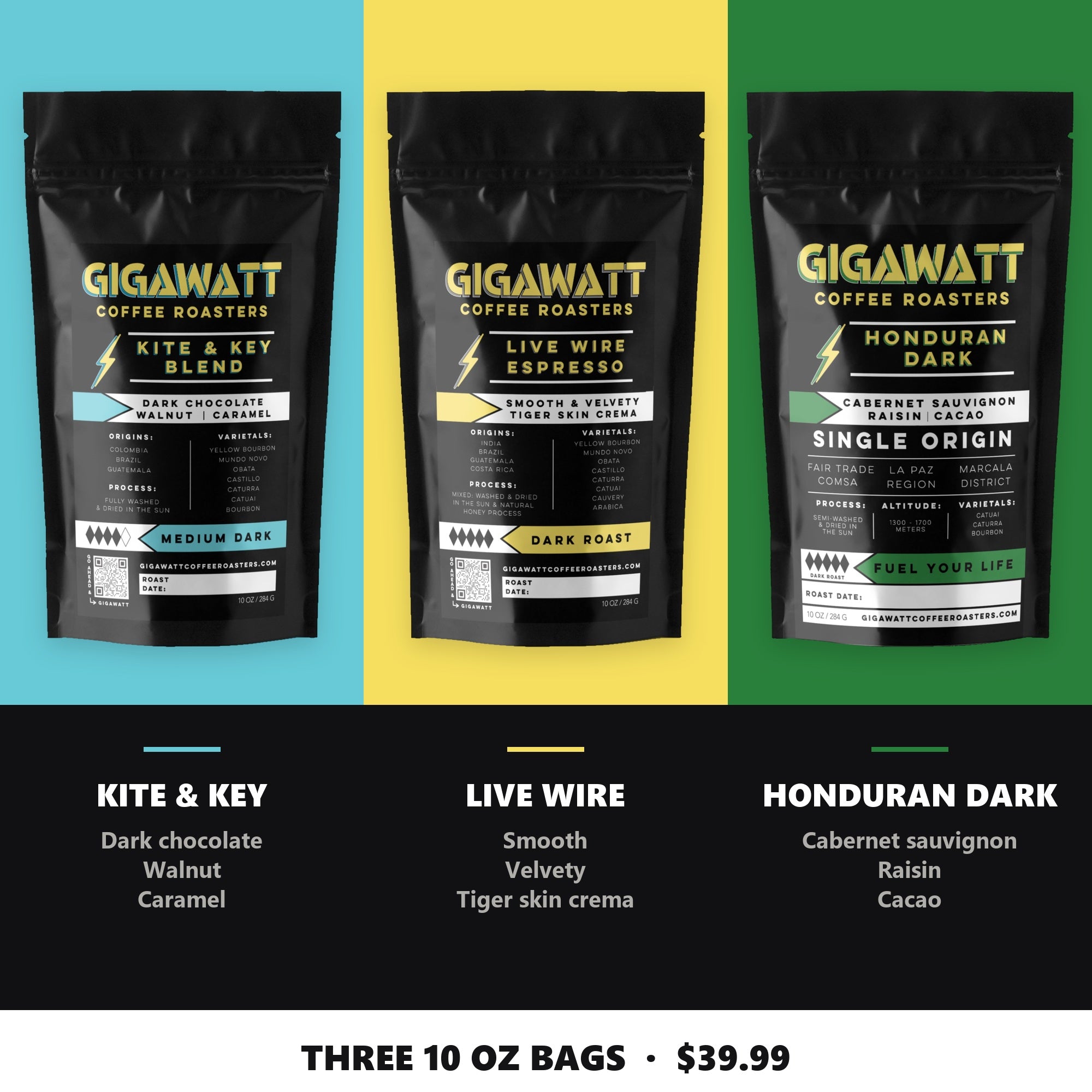 What's inside the Gigawatt Dark Roast Sampler: Kite & Key, Live Wire Espresso and Honduran Dark with tasting notes