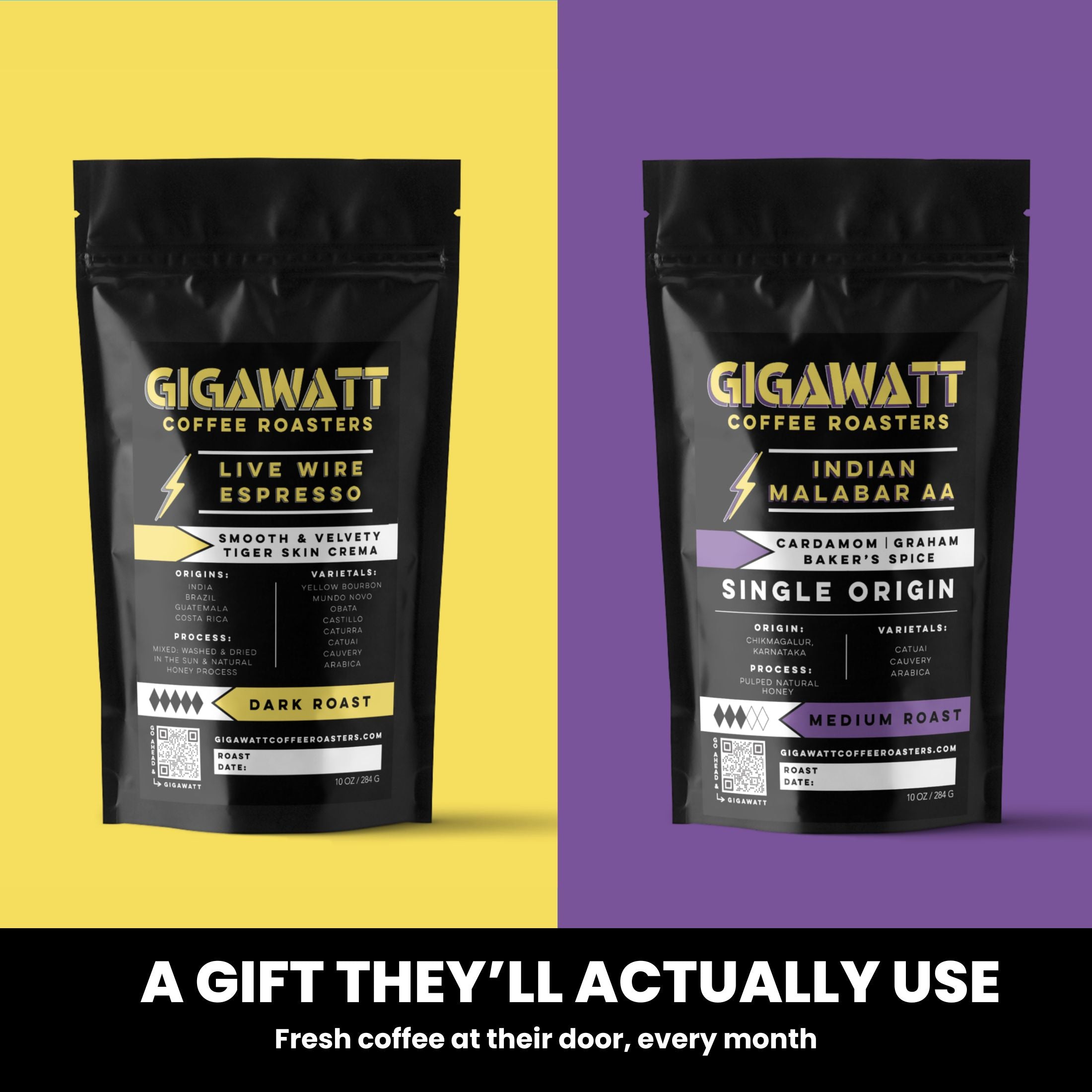 Gigawatt Roaster's Choice gift subscription, fresh coffee delivered to their door every month