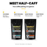 Gigawatt Half Caff Combo at a glance: Kite and Key medium dark roast paired with Static Resistor water-processed decaf, two 10 oz bags to blend your own caffeine level