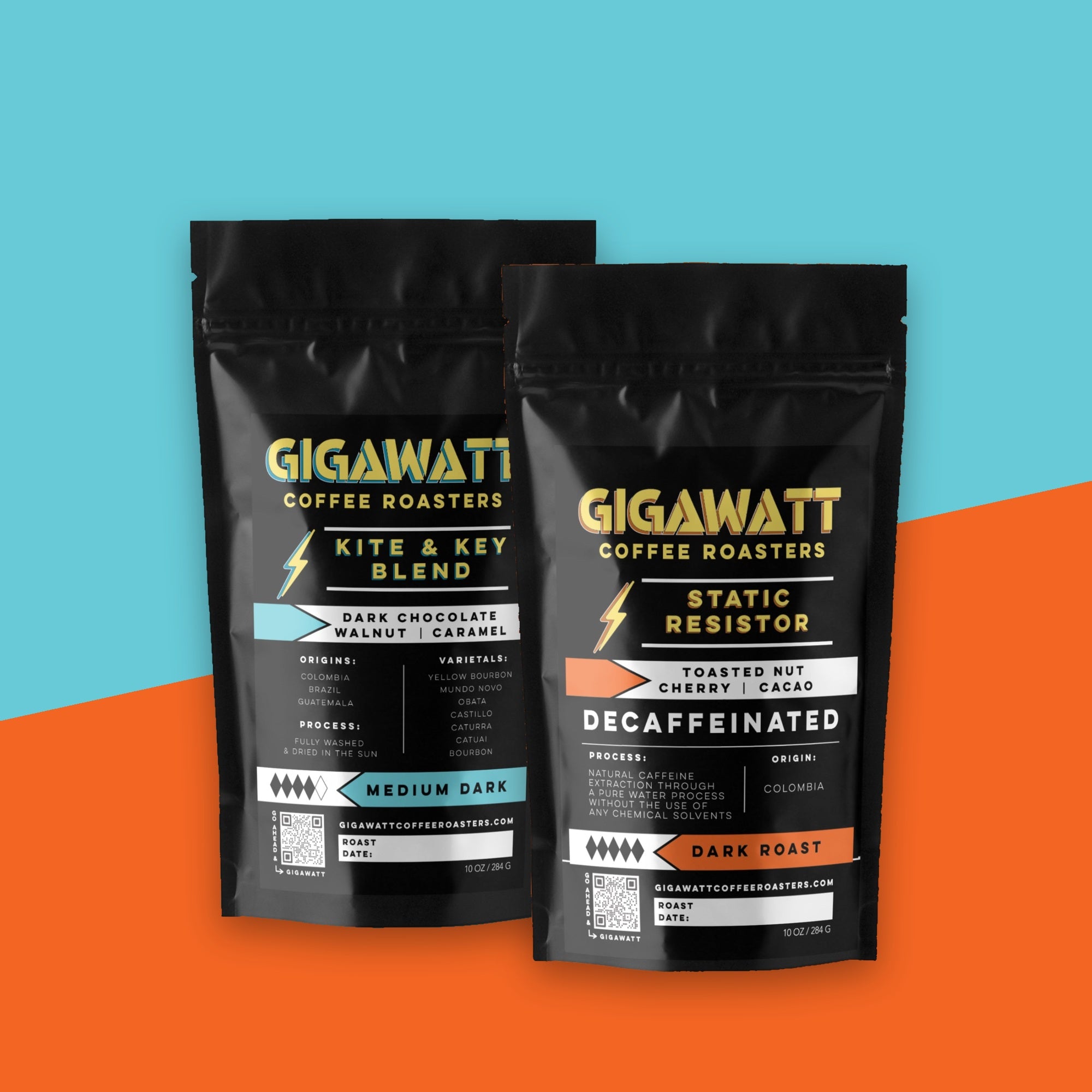 Gigawatt Half Caff Coffee with Kite & Key Blend and Static Resistor water-processed decaf, two 10 oz bags