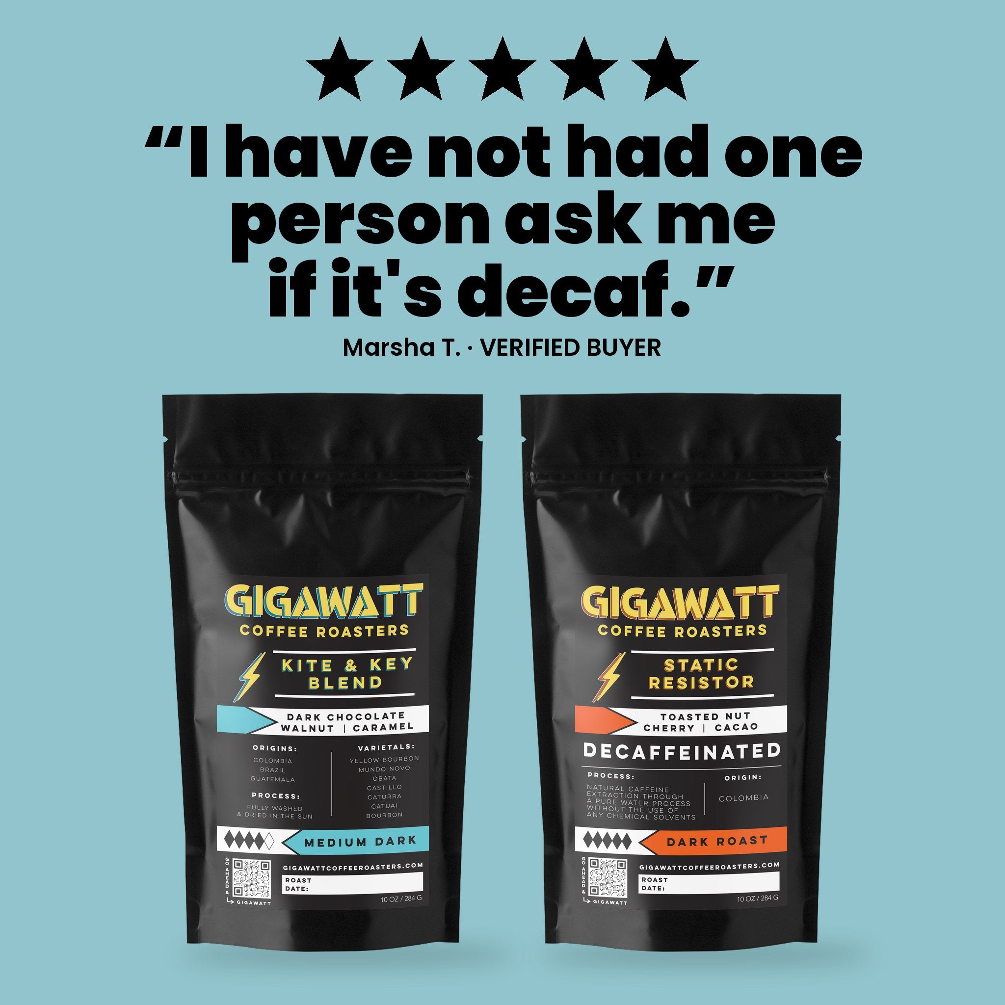 Verified five-star customer review of the Gigawatt Half Caff Combo, Kite and Key blend with Static Resistor water-processed decaf