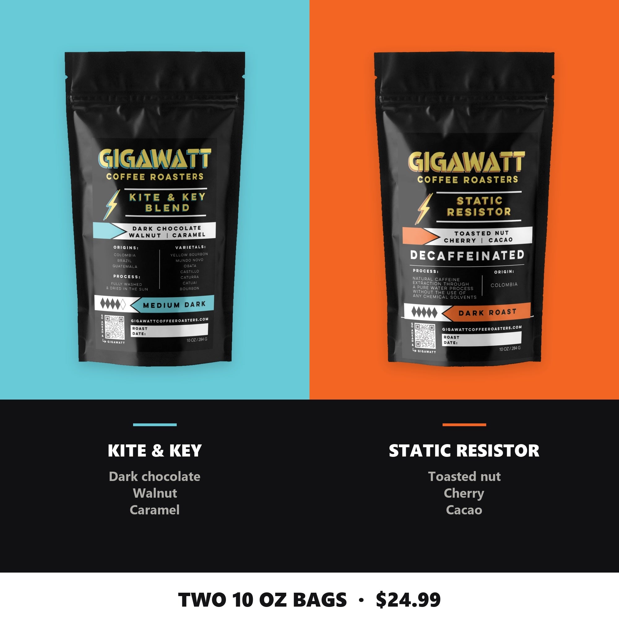 What's inside Gigawatt Half Caff: Kite & Key Blend and Static Resistor decaf with tasting notes