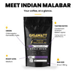 Gigawatt Indian Malabar AA at a glance: single origin medium roast monsooned coffee, 10 oz bag