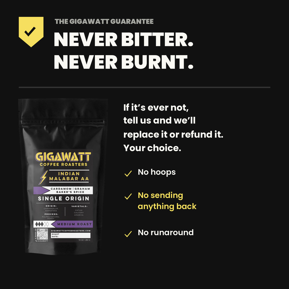 Gigawatt Coffee Indian Malabar guarantee - never bitter, never burnt. No hoops, no sending anything back, no runaround.