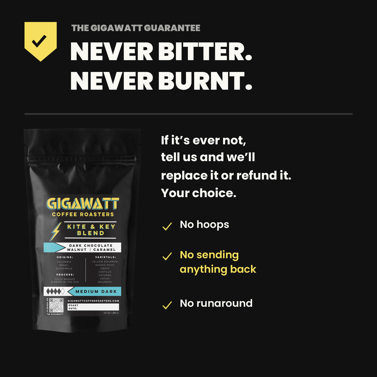 Gigawatt Coffee Kite and Key Blend guarantee - never bitter, never burnt. No hoops, no sending anything back, no runaround.