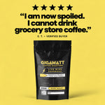 Verified five-star customer review of Gigawatt Live Wire Espresso Blend, shown with the 10 oz bag