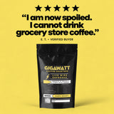 Verified five-star customer review of Gigawatt Live Wire Espresso Blend, shown with the 10 oz bag