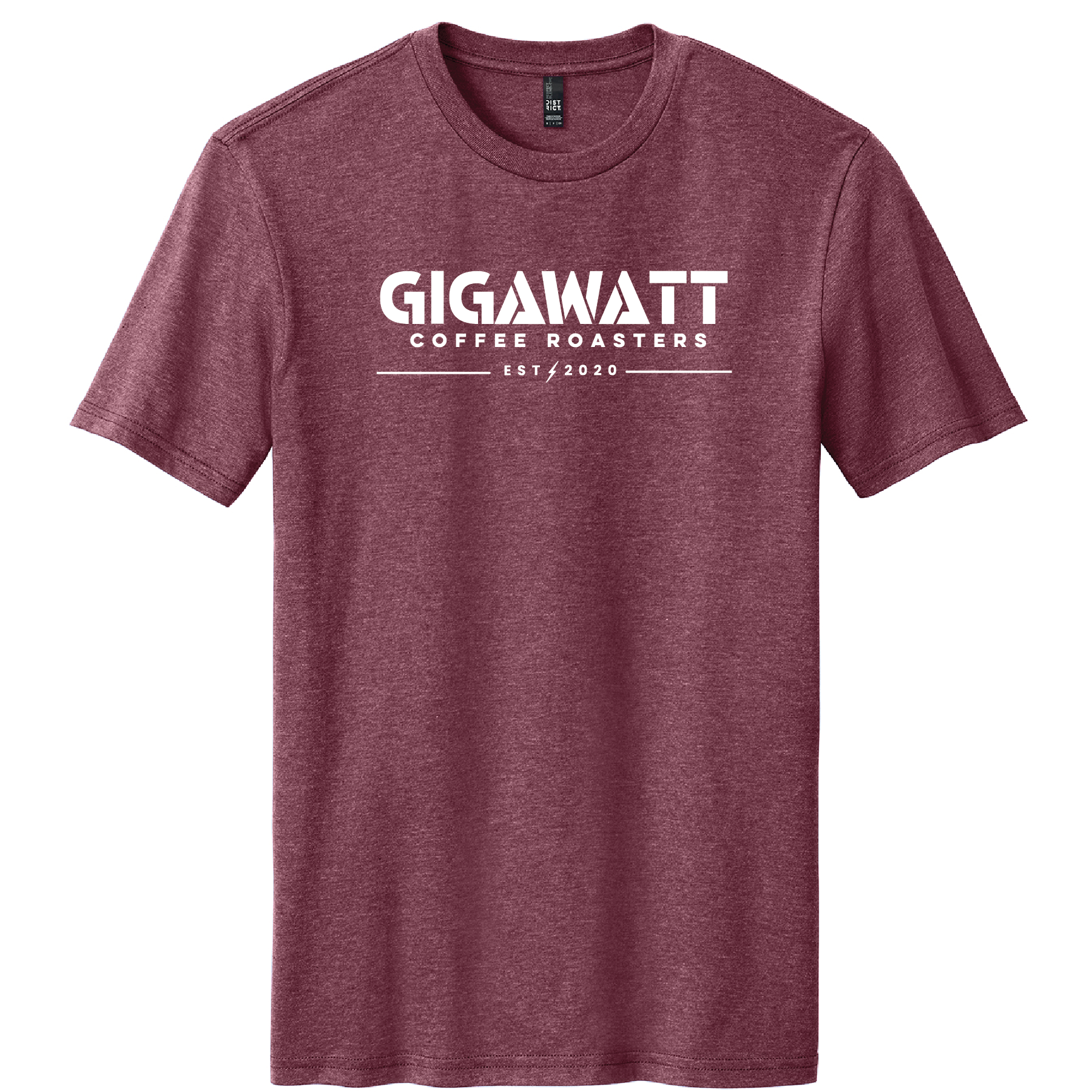 Front view of Gigawatt Coffee logo tee in Heathered Cardinal, screen printed on soft cotton/poly blend.
