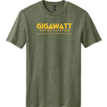 Front view of Gigawatt Coffee logo tee in Heathered Olive, screen printed on soft cotton/poly blend.