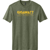 Front view of Gigawatt Coffee logo tee in Heathered Olive, screen printed on soft cotton/poly blend.