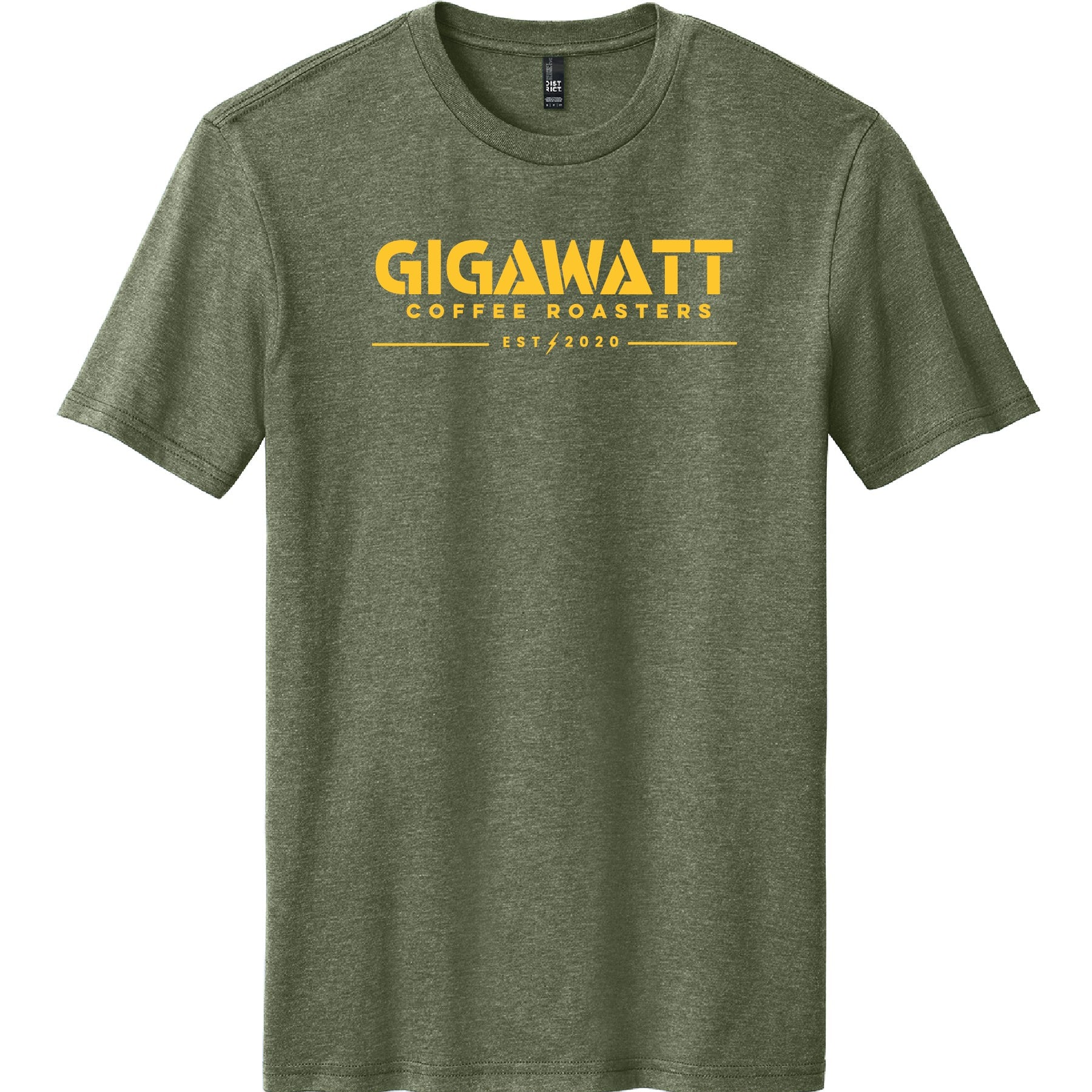 Front view of Gigawatt Coffee logo tee in Heathered Olive, screen printed on soft cotton/poly blend.