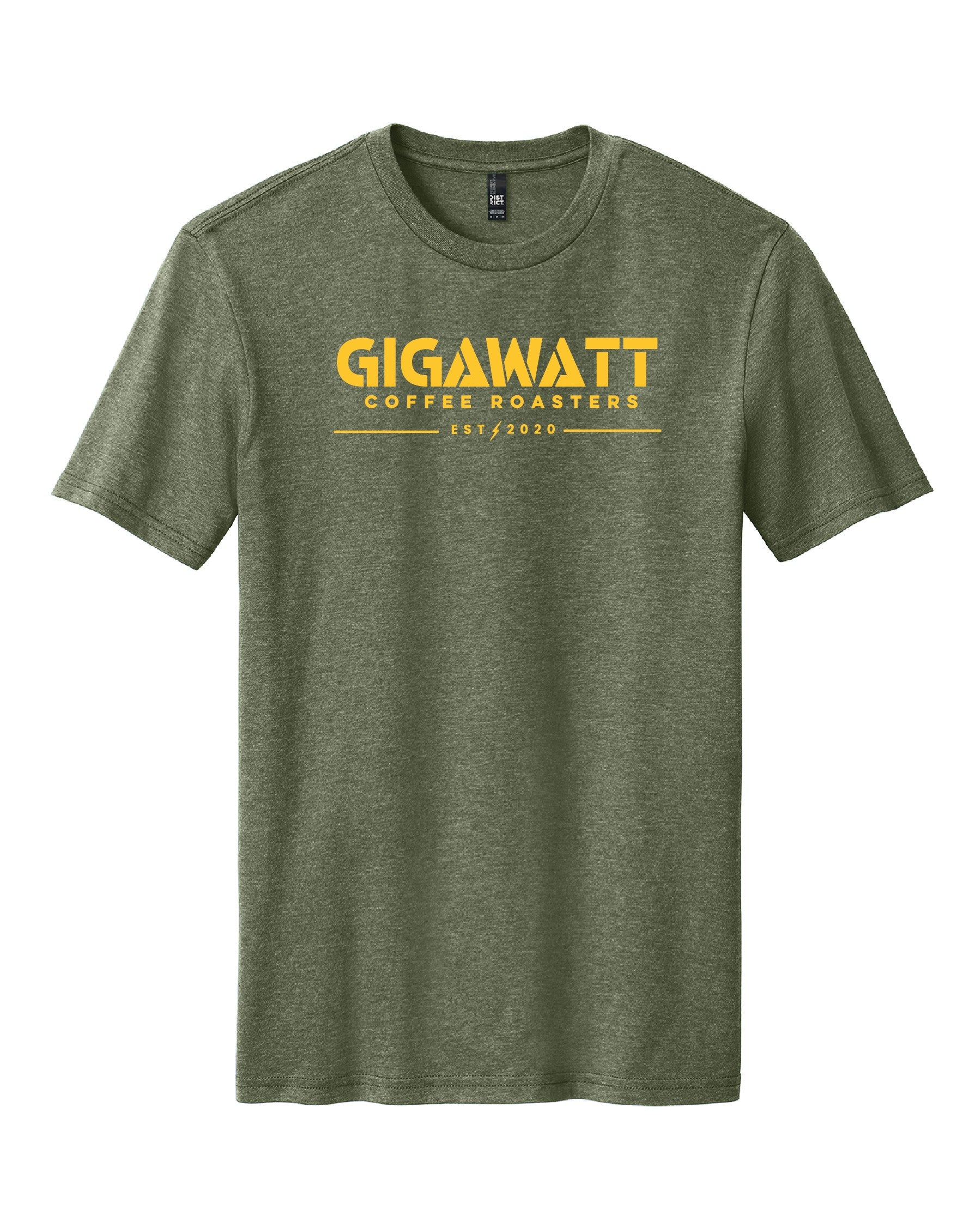 Front view of Gigawatt Coffee logo tee in Heathered Olive, screen printed on soft cotton/poly blend.