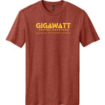 Front view of Gigawatt Coffee logo tee in Heathered Russet, screen printed on soft cotton/poly blend.
