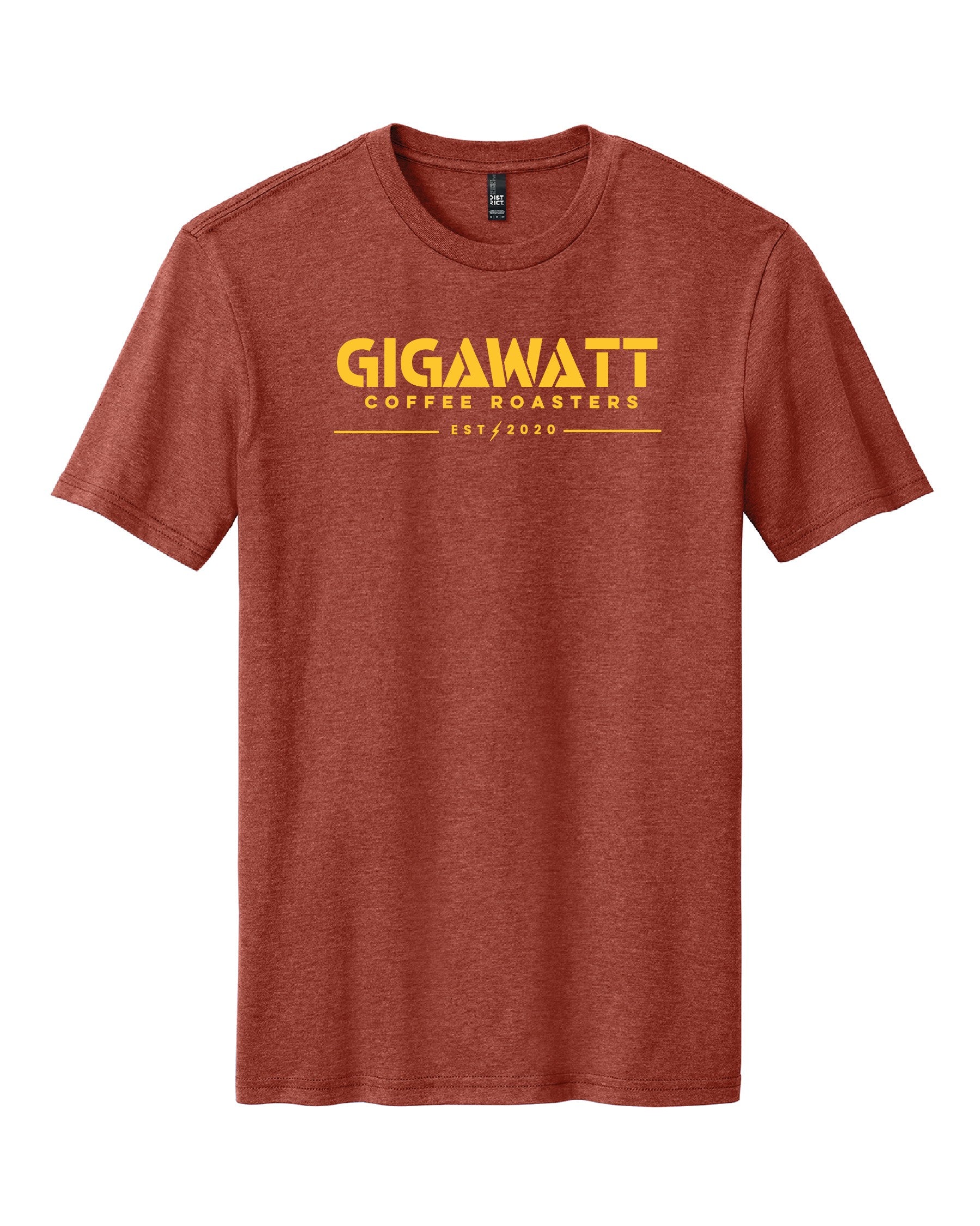 Front view of Gigawatt Coffee logo tee in Heathered Russet, screen printed on soft cotton/poly blend.