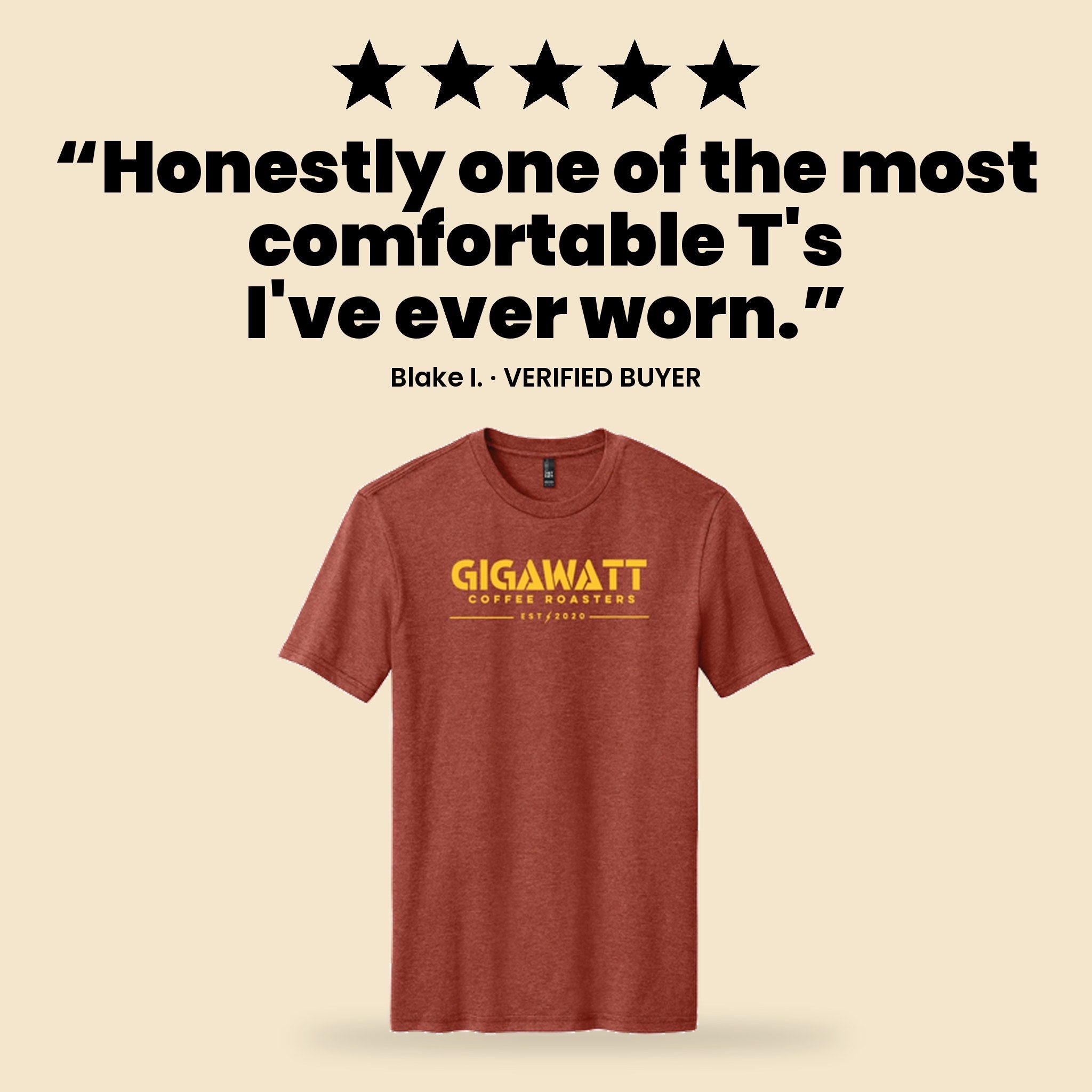 Verified five-star customer review of the Gigawatt Coffee Roasters unisex heathered cotton logo tee