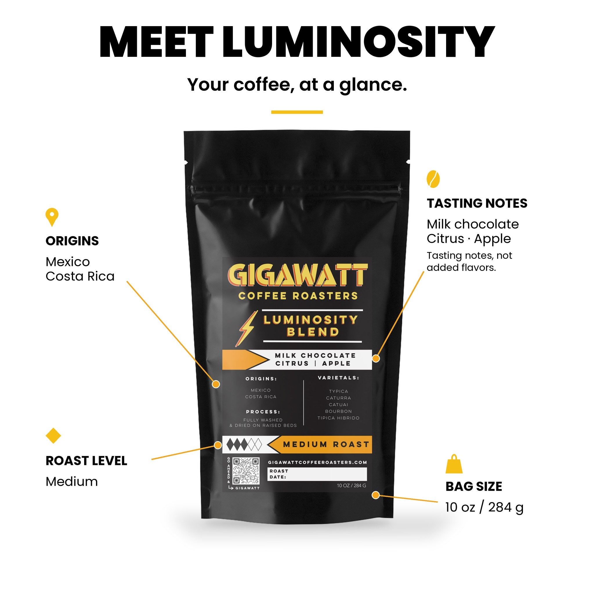 Gigawatt Luminosity Breakfast Blend at a glance: medium roast breakfast blend with citrus, milk chocolate and apple notes, 10 oz bag