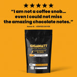 Verified five-star customer review of Gigawatt Luminosity Breakfast Blend, shown with the 10 oz bag