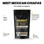 Gigawatt Mexican Chiapas coffee at a glance: single origin medium roast with cinnamon toast, cocoa and vanilla tasting notes, 10 oz bag