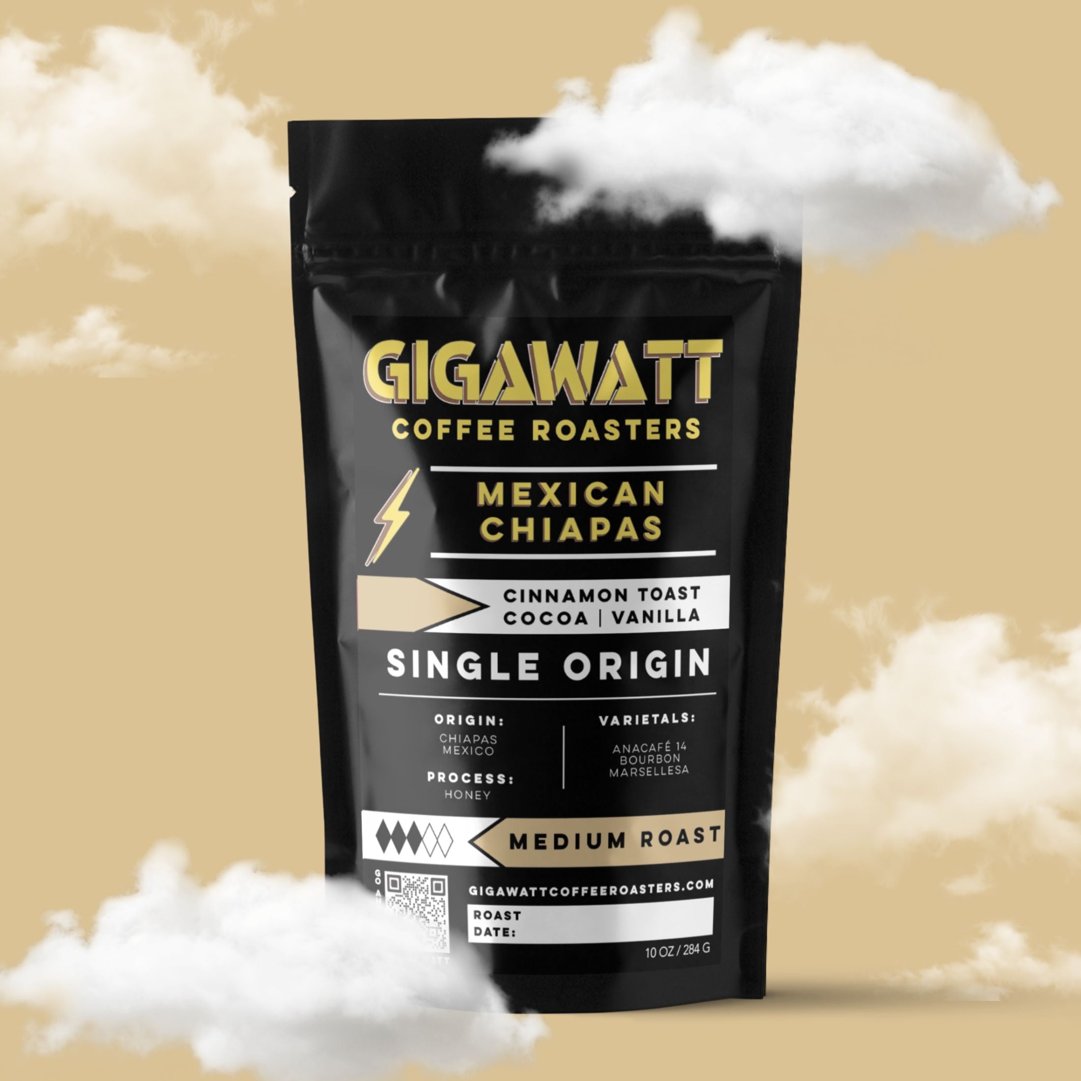 Gigawatt Coffee Mexican Chiapas Coffee, single origin medium roast with smooth cinnamon toast, vanilla, and cacao notes. 10 oz, displayed on a counter.
