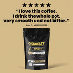 Verified five-star customer review of Gigawatt Mexican Chiapas coffee, shown with the 10 oz bag