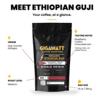 Gigawatt Organic Ethiopian Guji at a glance: single origin medium roast, natural process heirloom from Guji, Oromia with raspberry cream and chocolate tart notes, 10 oz bag