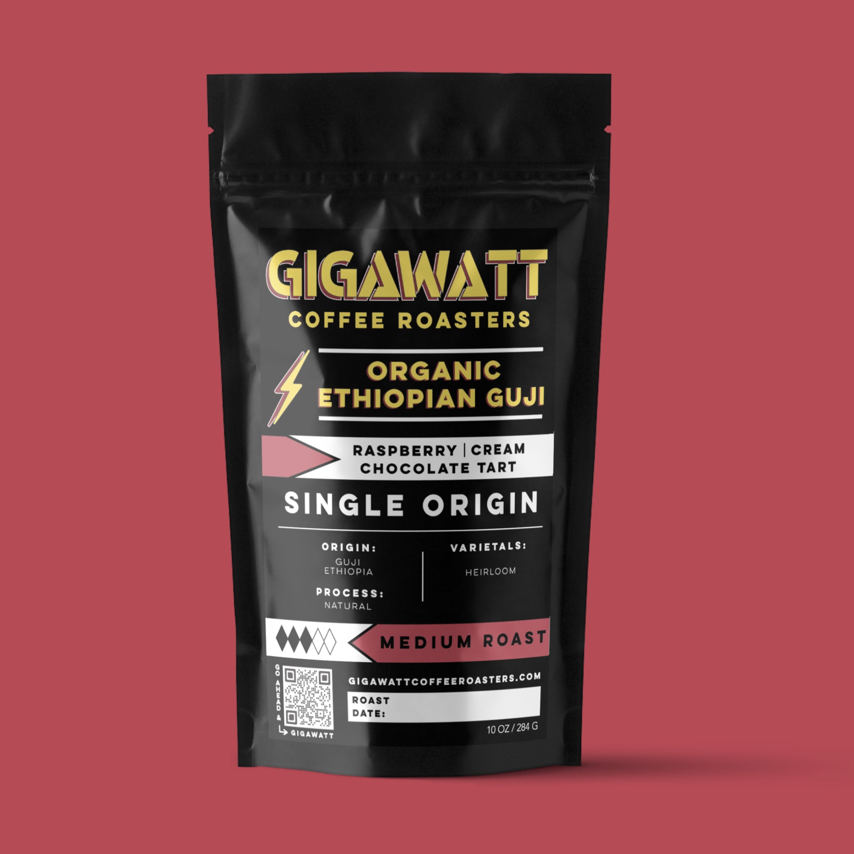 Gigawatt Coffee Organic Ethiopian Guji Coffee, single origin medium roast with tasting notes of raspberry, cream, and chocolate tart. Freshly roasted, 10 oz.