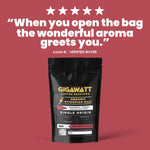 Verified five-star customer review of Gigawatt Organic Ethiopian Guji coffee, shown with the 10 oz bag