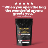 Verified five-star customer review of Gigawatt Organic Ethiopian Guji coffee, shown with the 10 oz bag