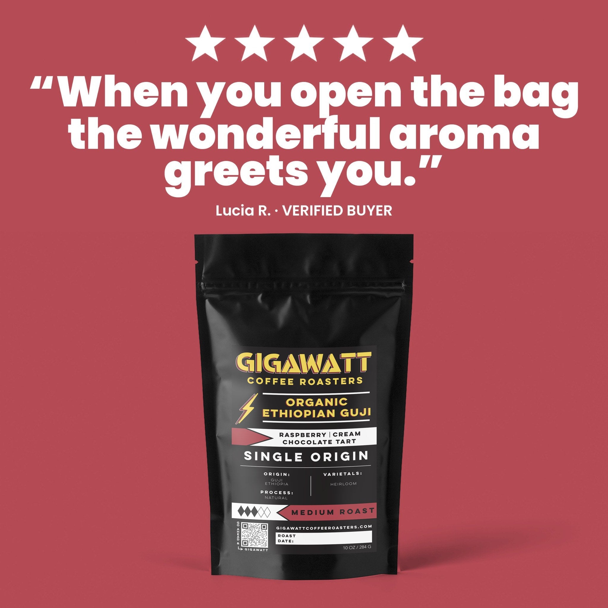 Verified five-star customer review of Gigawatt Organic Ethiopian Guji coffee, shown with the 10 oz bag