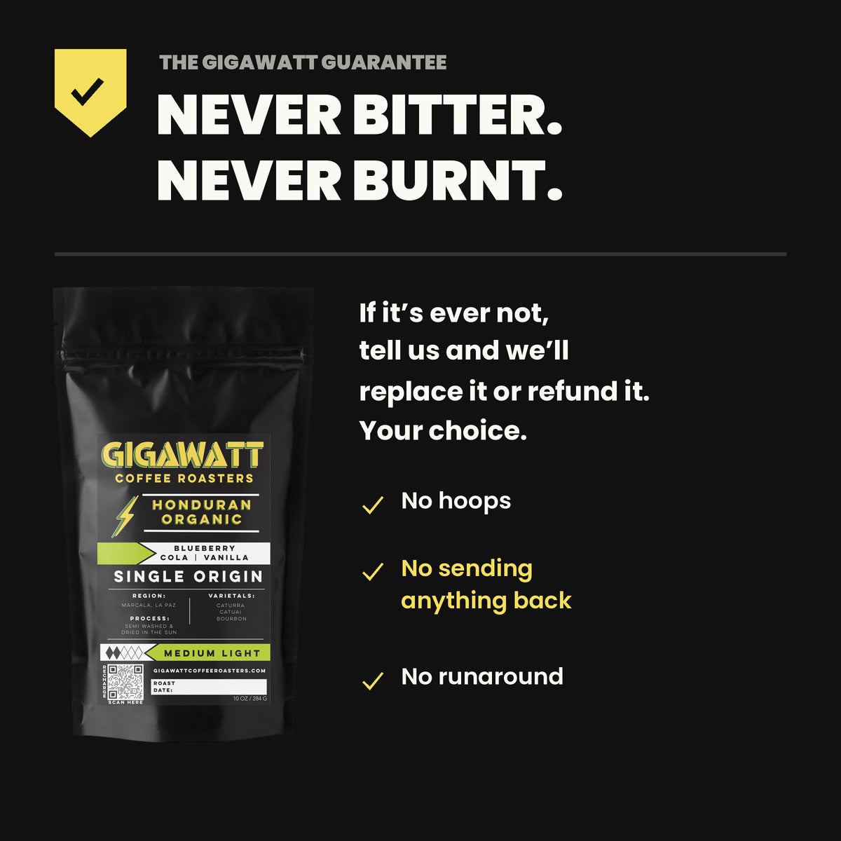 Gigawatt Coffee Organic Honduran guarantee - never bitter, never burnt. No hoops, no sending anything back, no runaround.