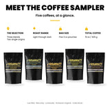 Gigawatt Coffee Sampler at a glance: five 3 oz pouches, three blends and two single origins, light through dark roast, 15 oz total