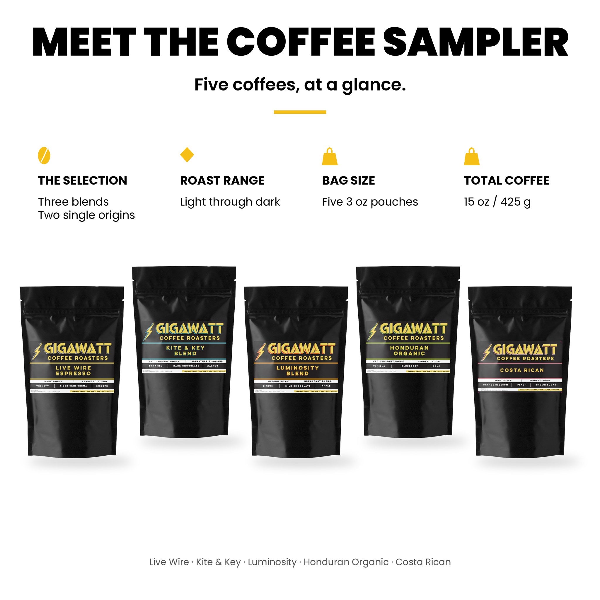 Gigawatt Coffee Sampler at a glance: five 3 oz pouches, three blends and two single origins, light through dark roast, 15 oz total