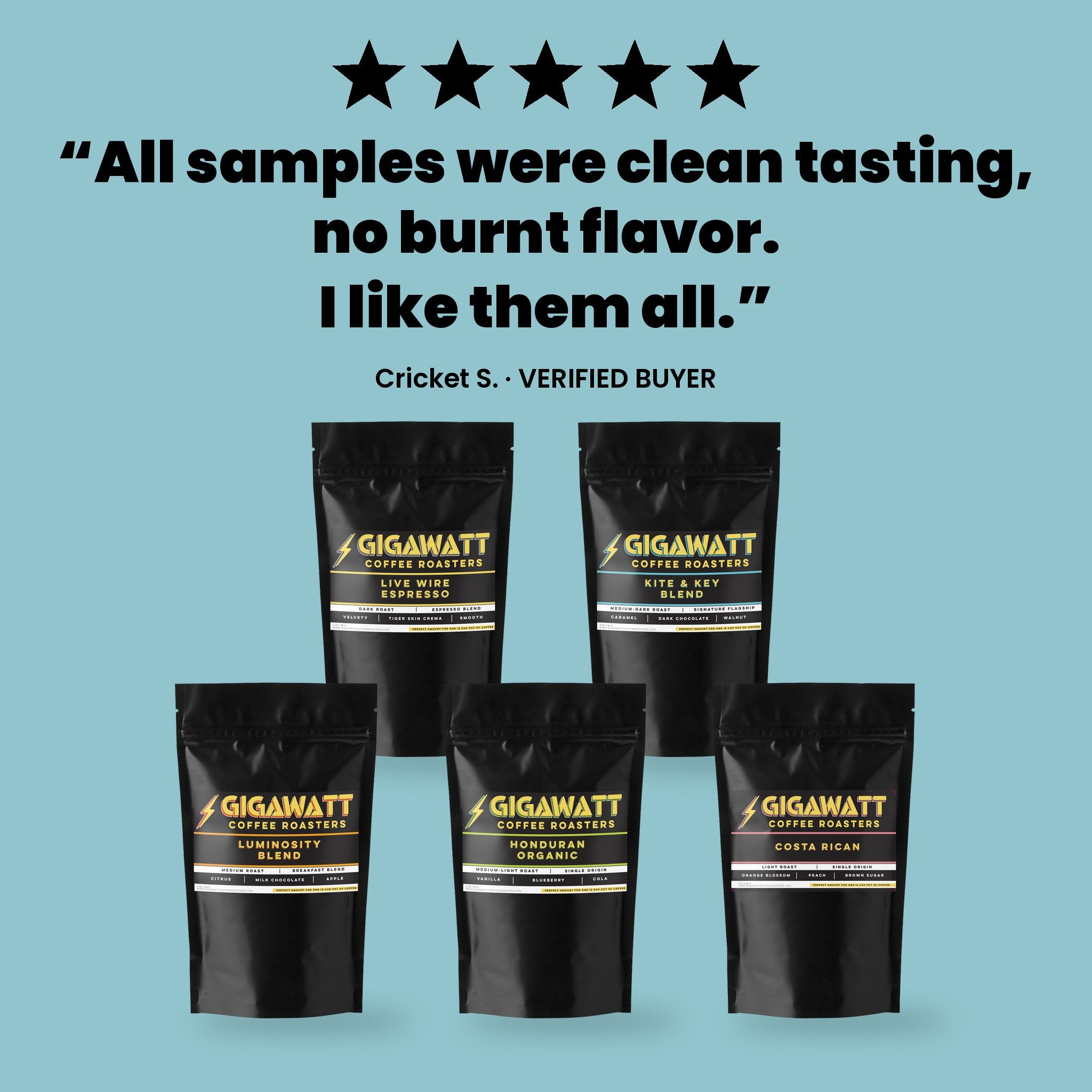 Verified five-star customer review of the Gigawatt Coffee Sampler, five 3 oz pouches