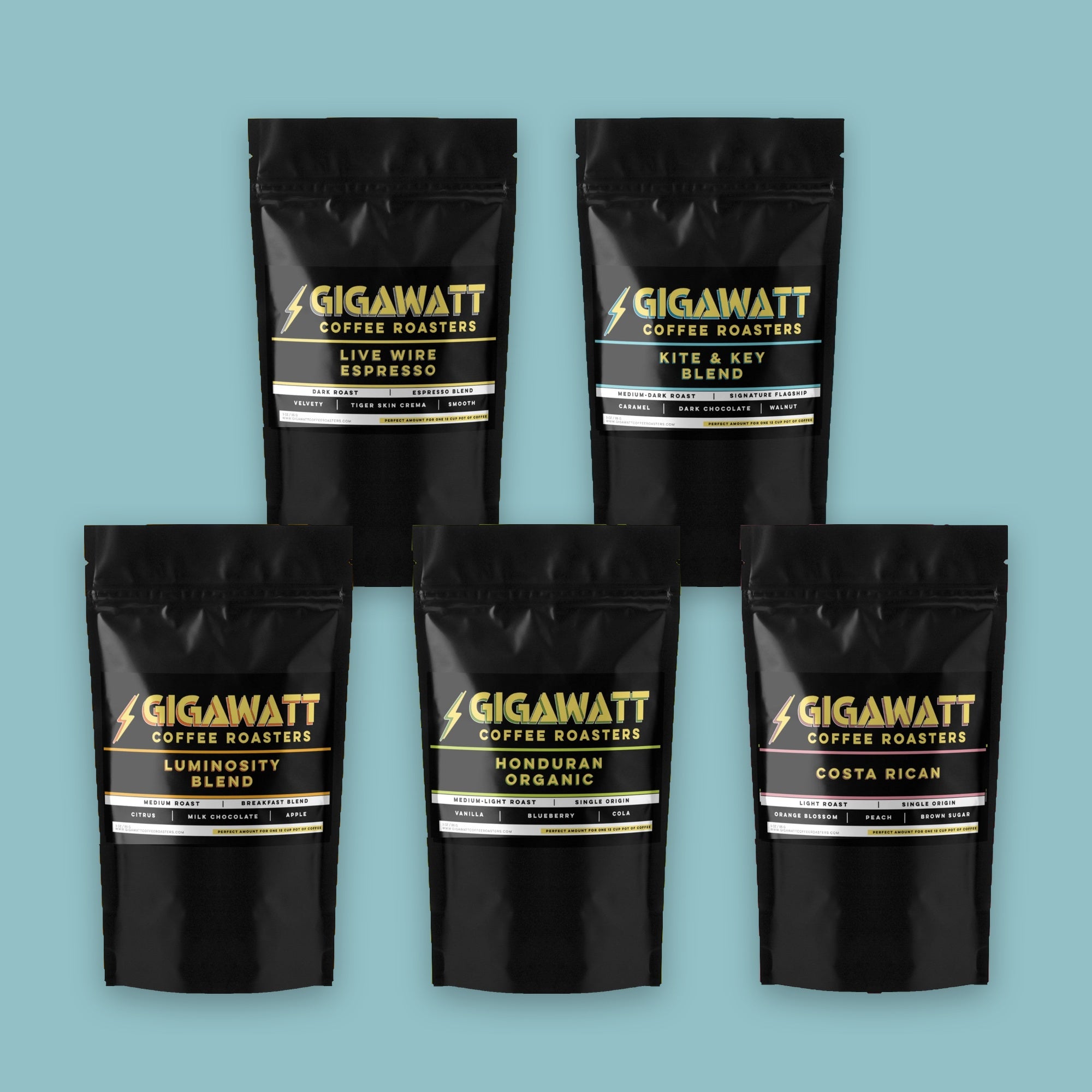 Gigawatt Coffee Sample Packs: five black stand-up pouches — Live Wire Espresso, Kite & Key, Luminosity, Honduran Organic and Costa Rican, 3 oz each