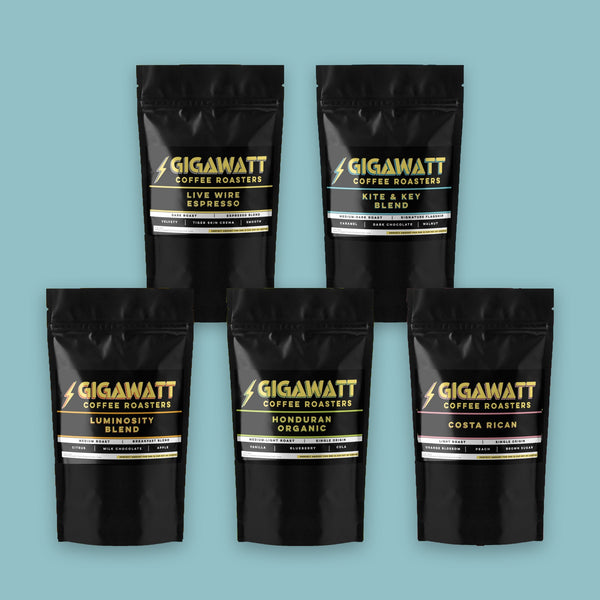 Gigawatt Coffee Sample Packs: five black stand-up pouches — Live Wire Espresso, Kite & Key, Luminosity, Honduran Organic and Costa Rican, 3 oz each