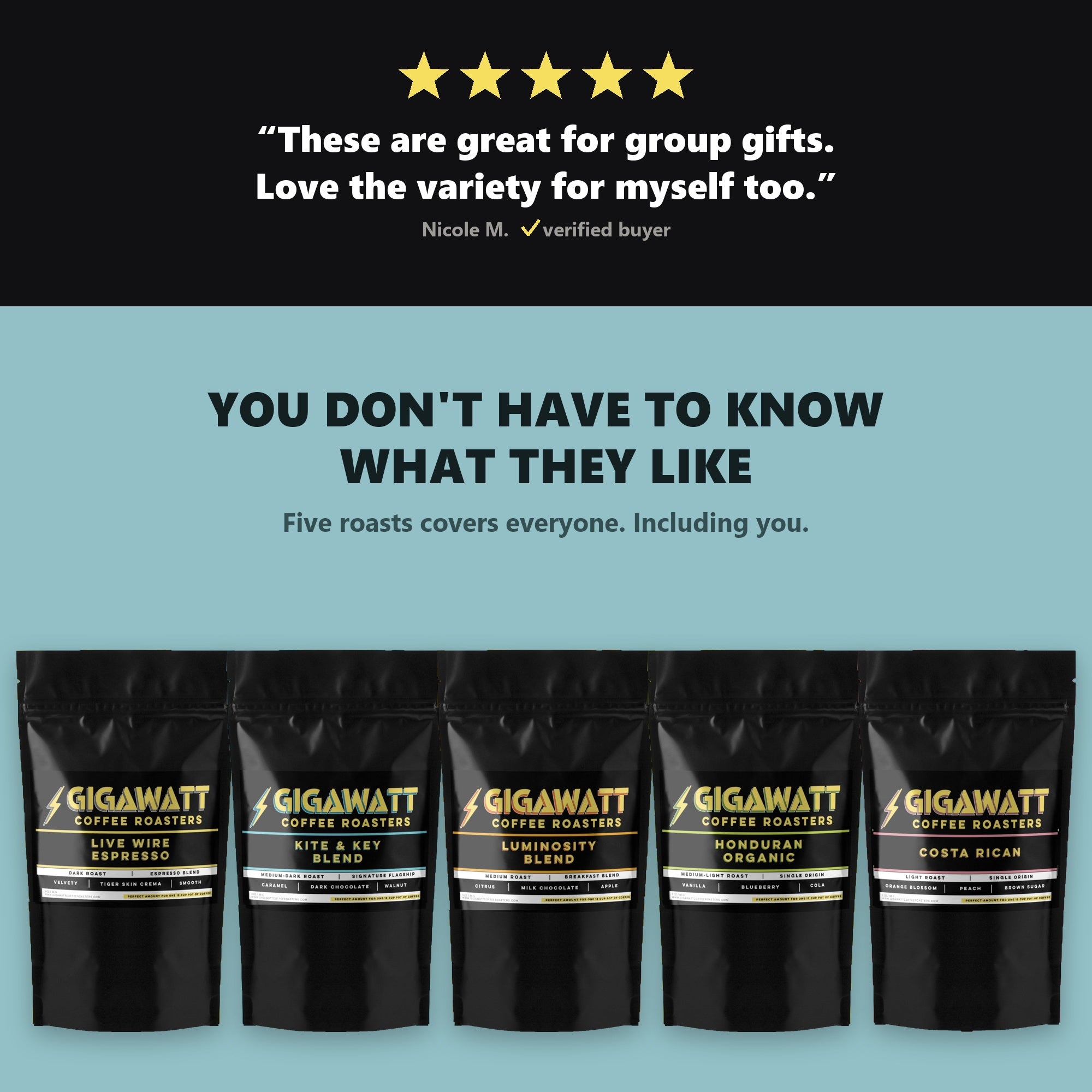 You don't have to know what they like — five Gigawatt roasts covers everyone, a coffee gift of five 3 oz bags