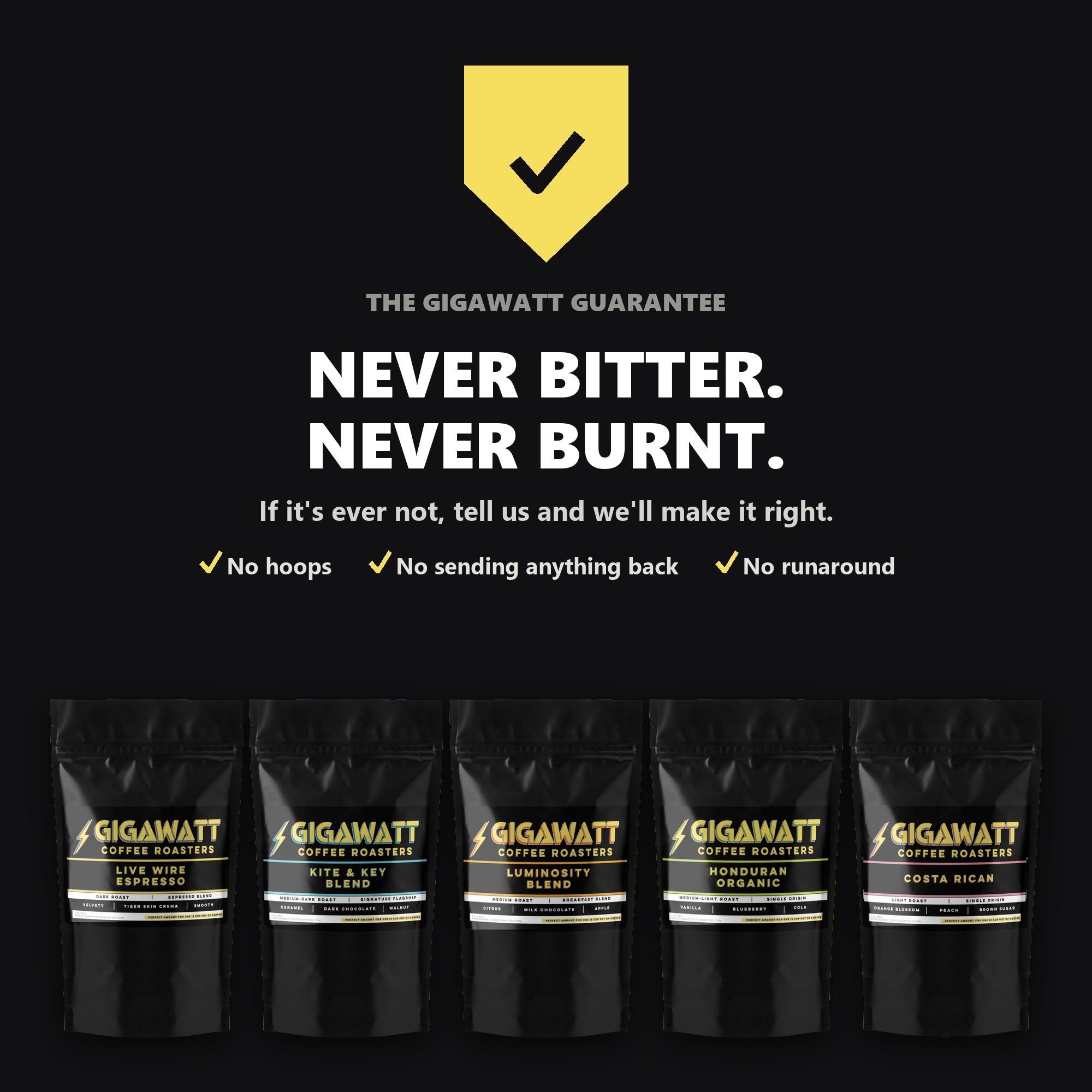 The Gigawatt Guarantee: never bitter, never burnt. If it's ever not, tell us and we'll make it right