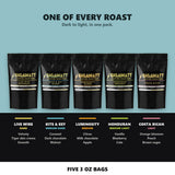 One of every roast, dark to light — Live Wire, Kite & Key, Luminosity, Honduran Organic and Costa Rican with roast levels and tasting notes