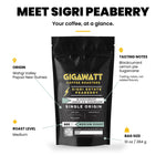 Gigawatt Sigri Estate Peaberry at a glance: single origin medium roast from the Wahgi Valley, Papua New Guinea, with blackcurrant, lemon pie and sugarcane notes, 10 oz bag