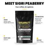 Gigawatt Sigri Estate Peaberry at a glance: single origin medium roast from the Wahgi Valley, Papua New Guinea, with blackcurrant, lemon pie and sugarcane notes, 10 oz bag