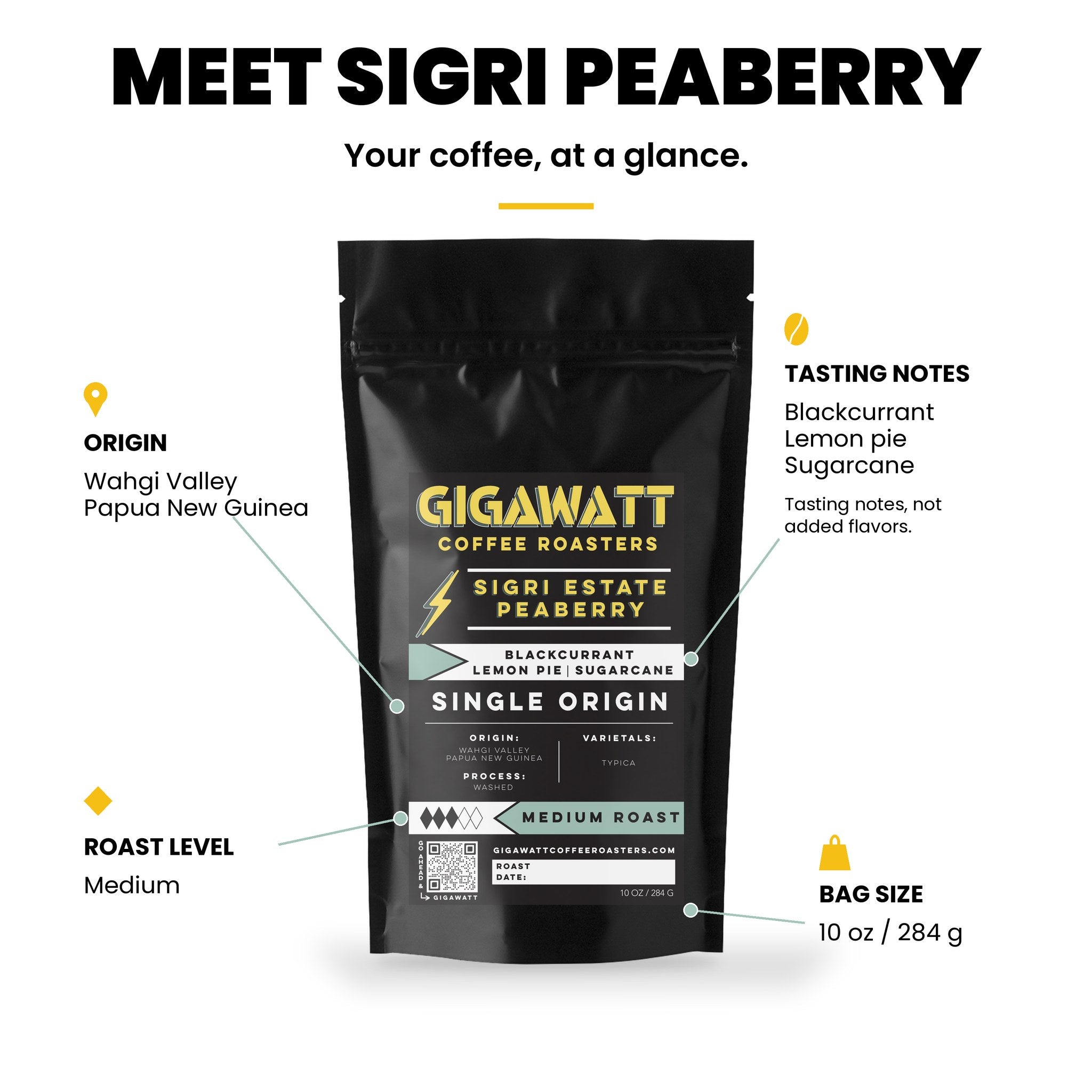 Gigawatt Sigri Estate Peaberry at a glance: single origin medium roast from the Wahgi Valley, Papua New Guinea, with blackcurrant, lemon pie and sugarcane notes, 10 oz bag