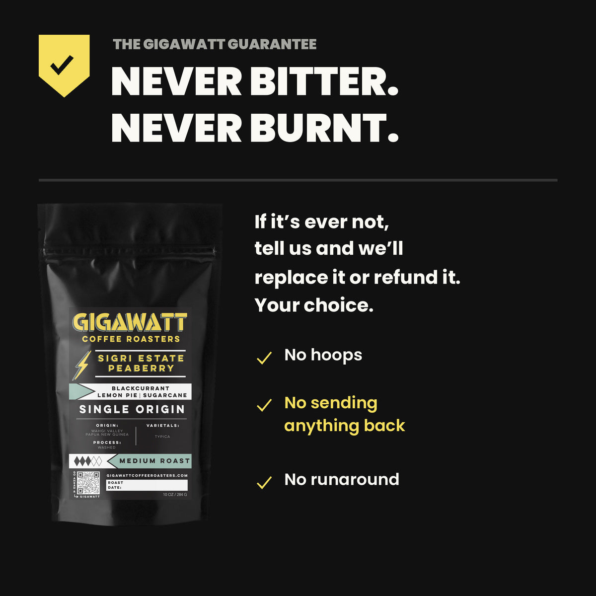 Gigawatt Coffee Sigri Estate Peaberry guarantee - never bitter, never burnt. No hoops, no sending anything back, no runaround.