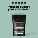 Verified five-star customer review of Gigawatt Sigri Estate Peaberry coffee, shown with the 10 oz bag