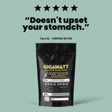 Verified five-star customer review of Gigawatt Sigri Estate Peaberry coffee, shown with the 10 oz bag