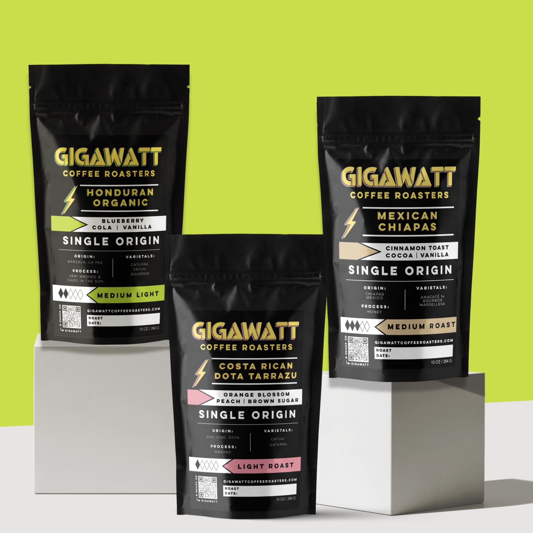 Gigawatt Coffee Single Origin Coffee Sampler, featuring bestselling Organic Honduran Coffee, Mexican Chiapas, and Costa Rican Tarrazu. A trio of single origin roasts with smooth, well-balanced flavor. 10 oz bags.