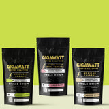Gigawatt Coffee Single Origin Coffee Sampler, featuring bestselling Organic Honduran Coffee, Mexican Chiapas, and Costa Rican Tarrazu. A trio of single origin roasts with smooth, well-balanced flavor. 10 oz bags, displayed on a counter.