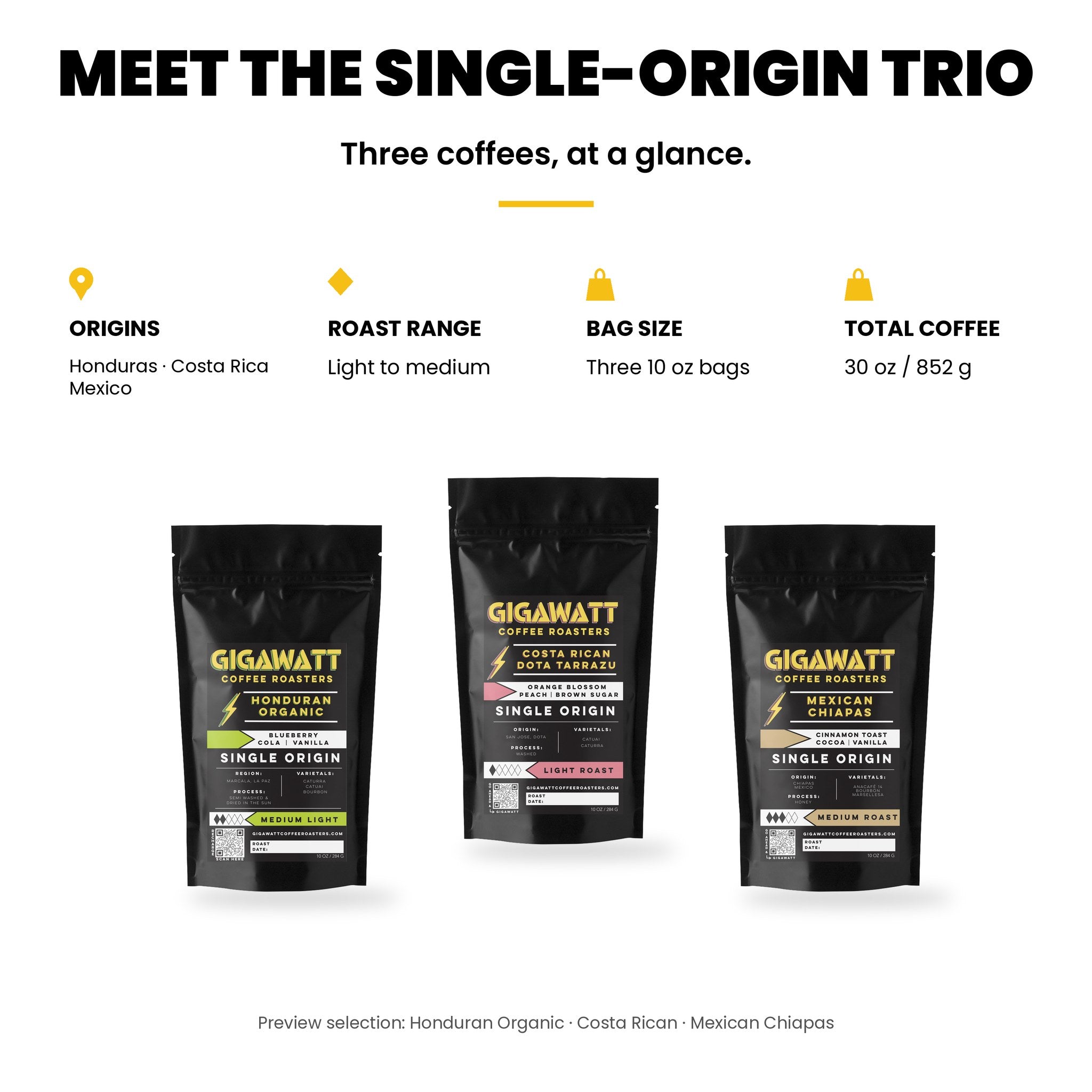 Gigawatt Single Origin Sampler at a glance: Organic Honduran, Costa Rican Tarrazu and Mexican Chiapas, three 10 oz bags, light to medium roast, 30 oz total