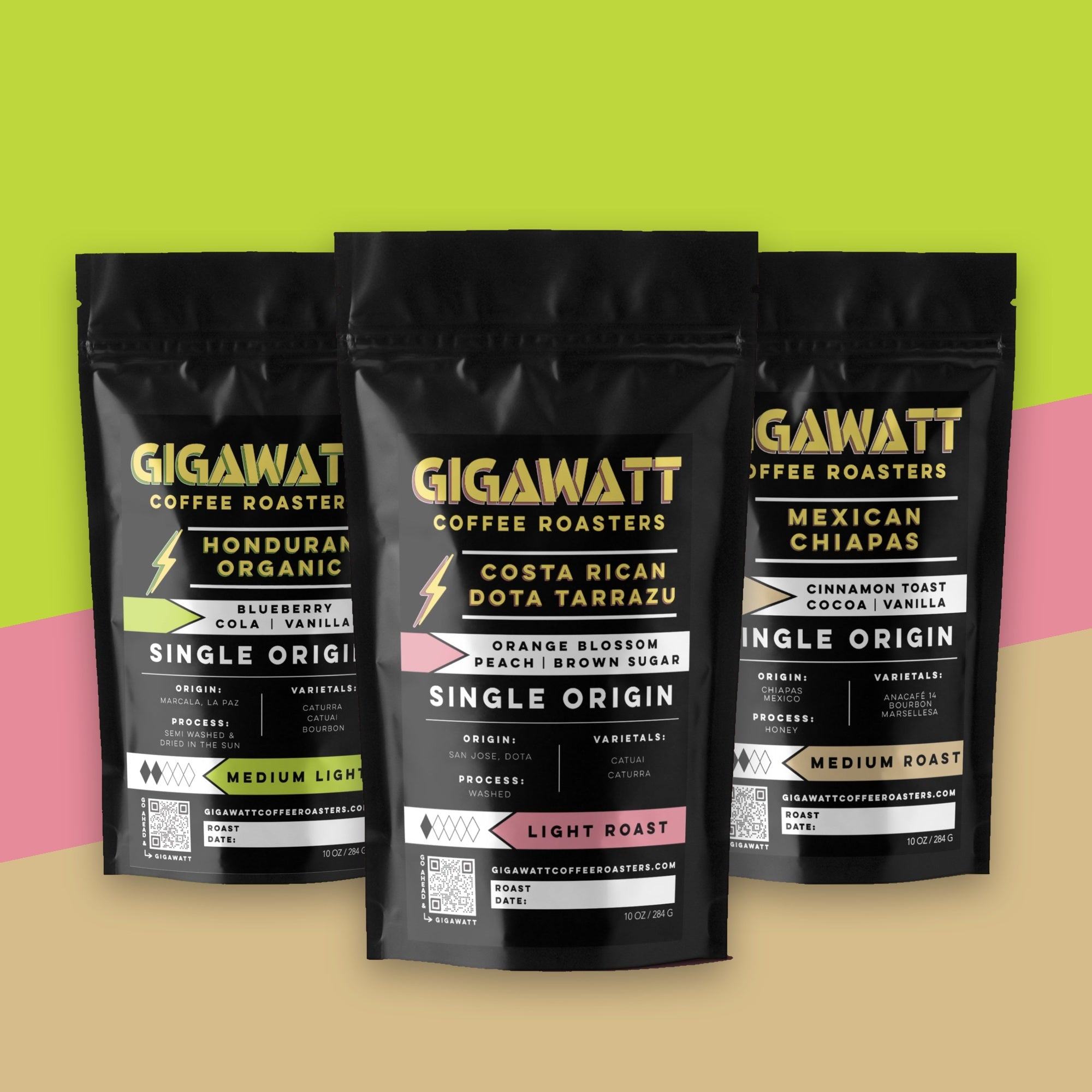 Gigawatt Single Origin Coffee Sampler with Organic Honduran, Costa Rican Tarrazu and Mexican Chiapas, three 10 oz bags