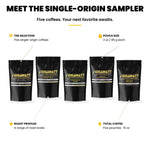 Gigawatt Single Origin Coffee Sampler Pack at a glance: five 3 oz pouches of single origin coffee, one pouch brews a 12-cup pot