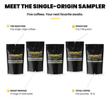 Gigawatt Single Origin Coffee Sampler Pack at a glance: five 3 oz pouches of single origin coffee, one pouch brews a 12-cup pot
